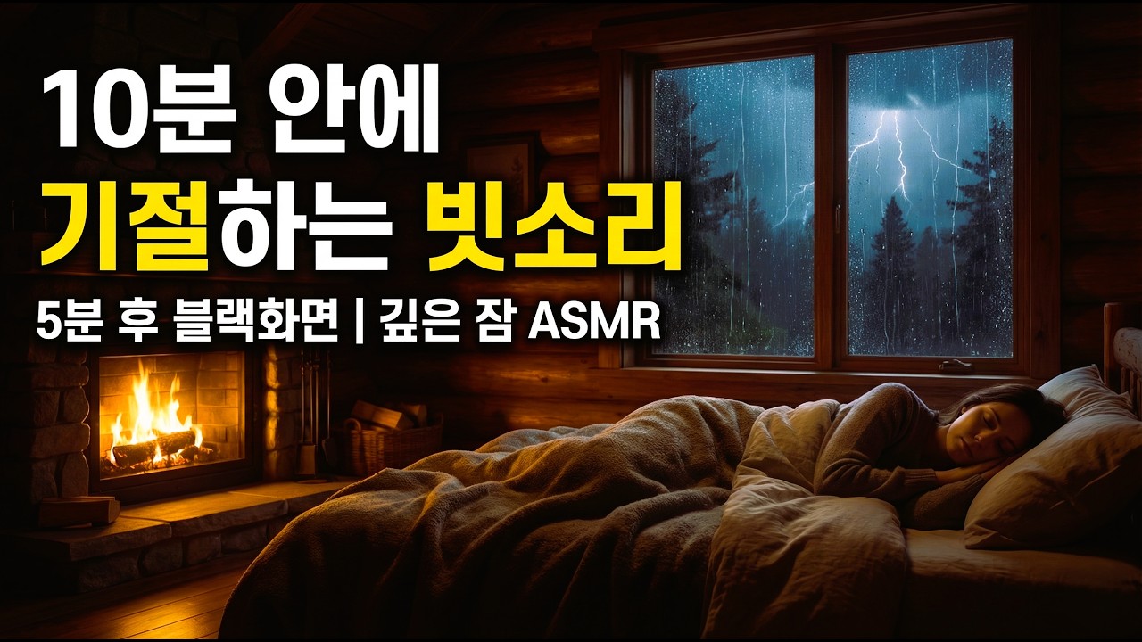 10분 안에 기절하는 숲속 오두막 빗소리 (5분 후 블랙화면) | 전신 긴장 완화 및 숙면을 위한 ASMR | 빗소리+ 장작 소리 ASMR (5분 후 화면 꺼짐)광고 없음