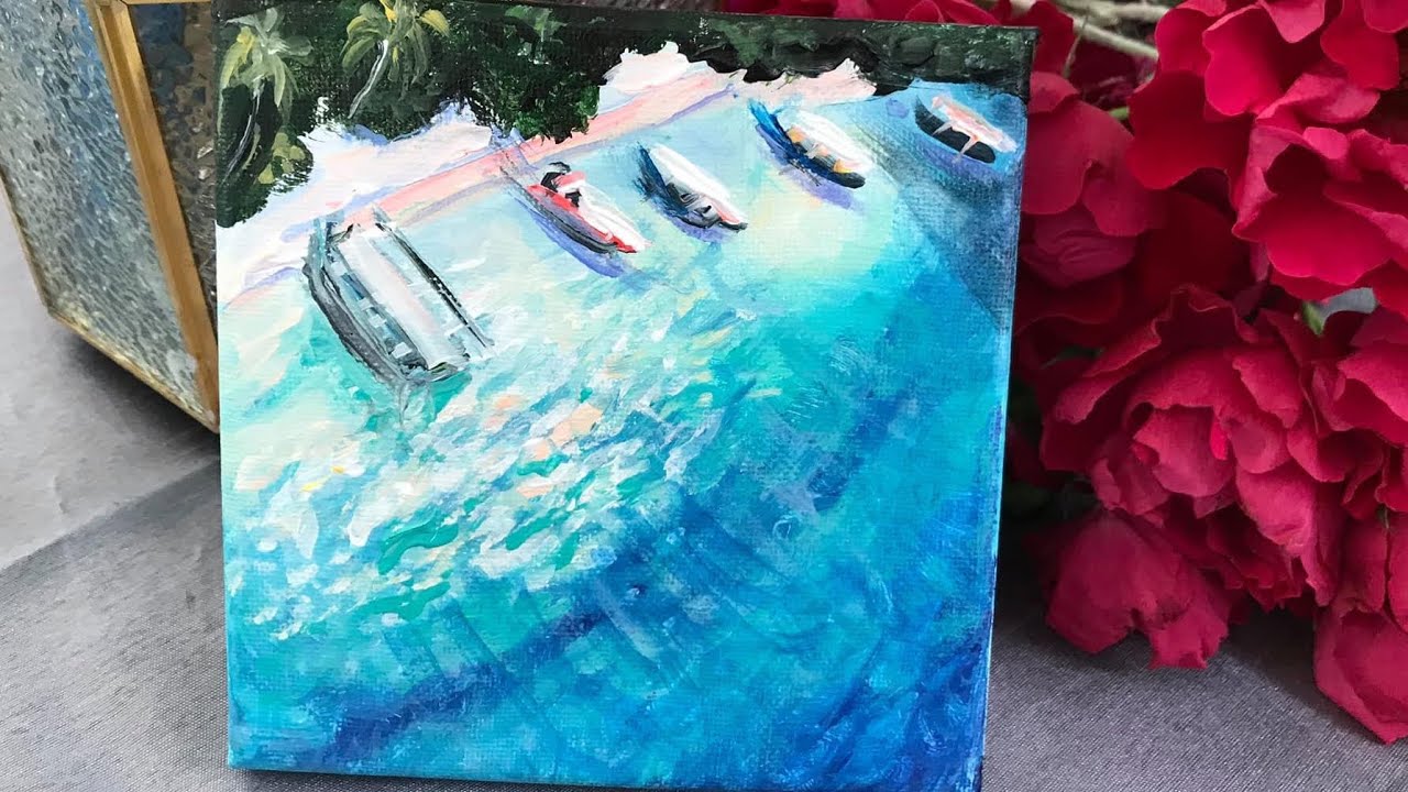 HOW TO PAINT OCEAN~ AERIAL VIEW~ EASY! STEP BY STEP TROPICAL ISLAND & BOATS