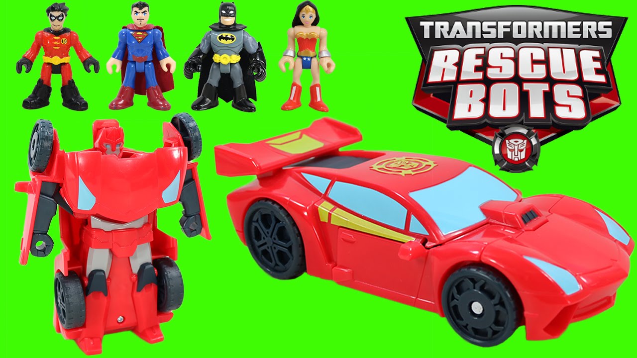 Transformers Rescue Bots Sideswipe has an adventure with Bumblebee & The Justice League!
