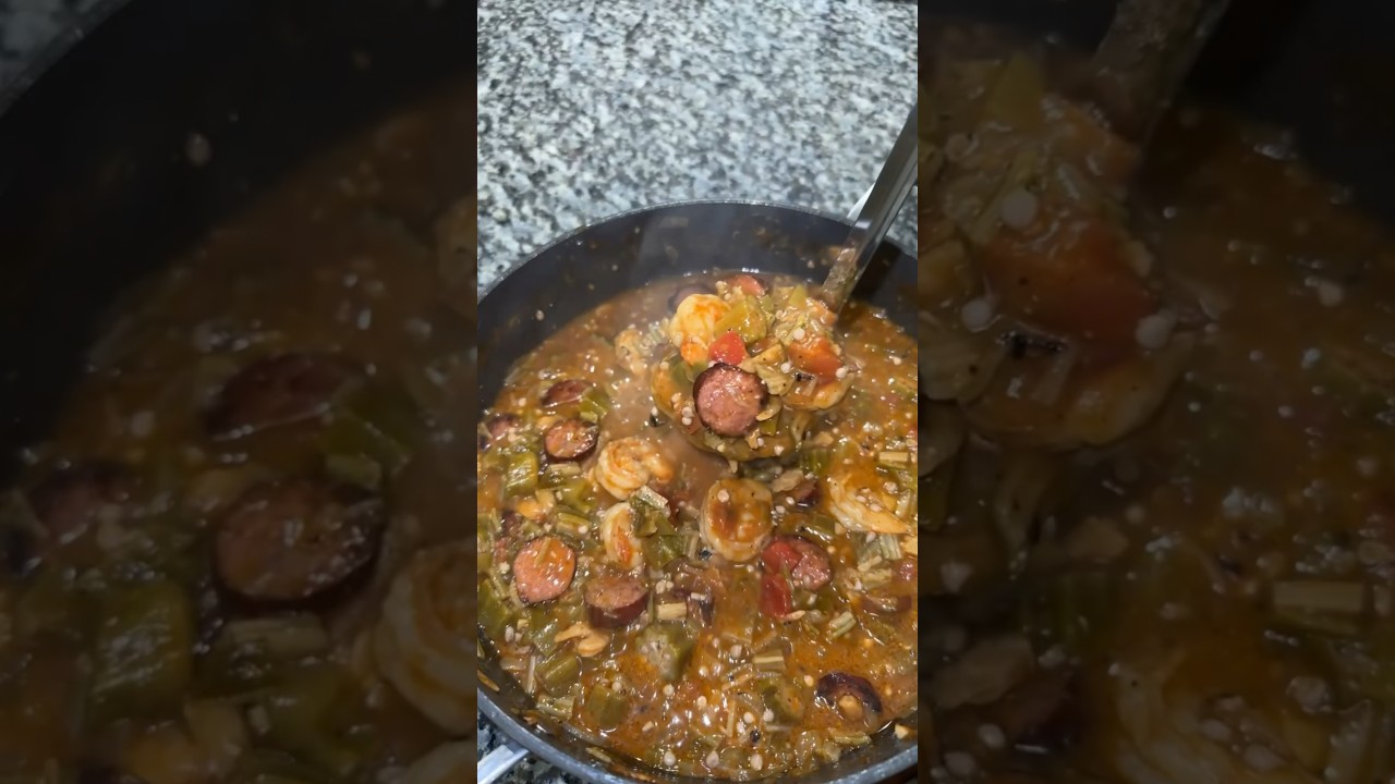 Smothered Okra & Tomatoes with Sausage & Shrimp #okrarecipes #foryou #familydinner #cooking #stew