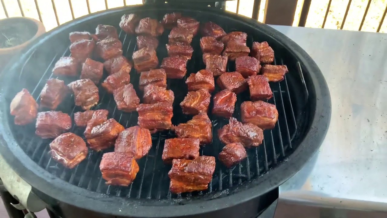 Cherry Smoked Pork Belly Burnt Ends on the Weber Summit Charcoal Grill