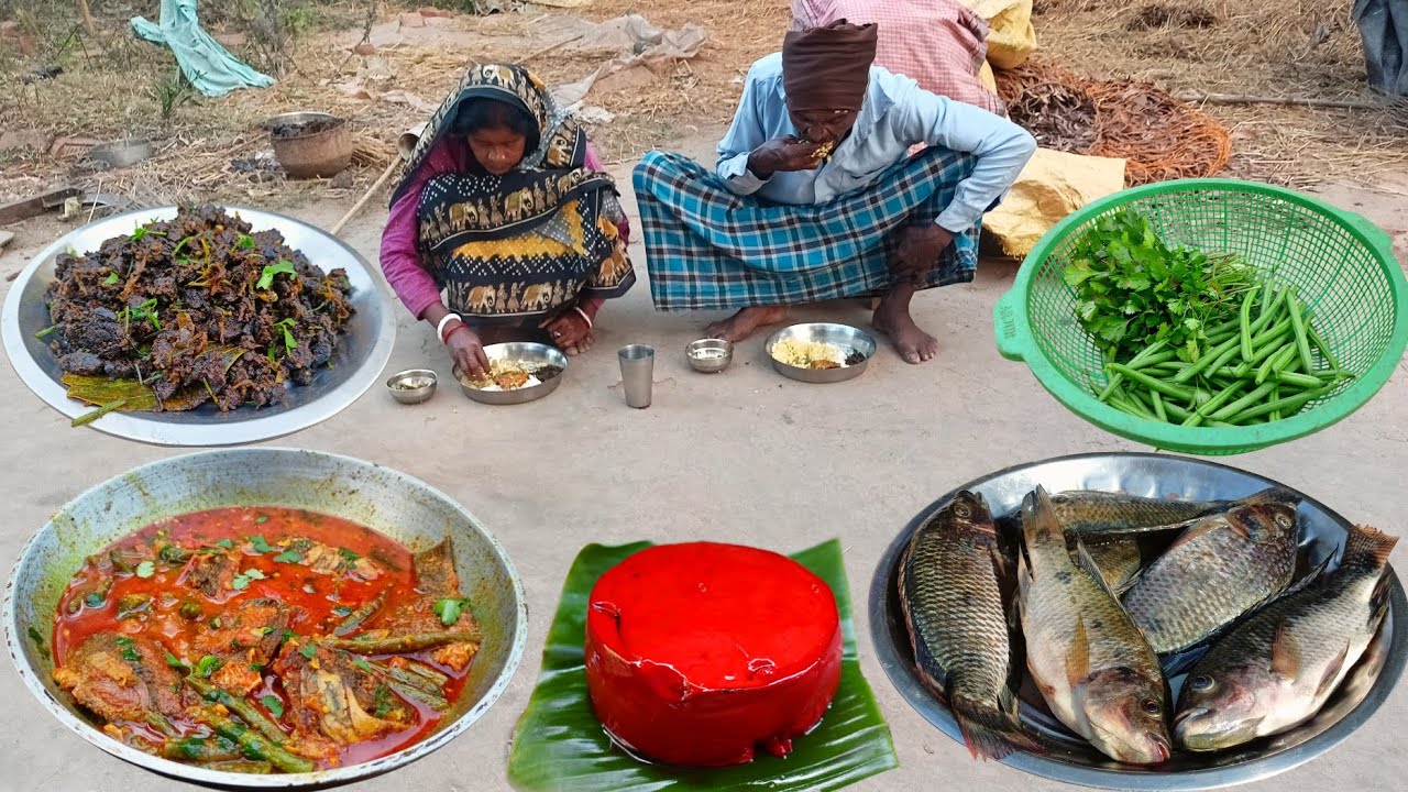 TILAPIA FISH with BEANS curry & MUTTON BLOOD recipe cooking and eating by tribe family| rokto recipe