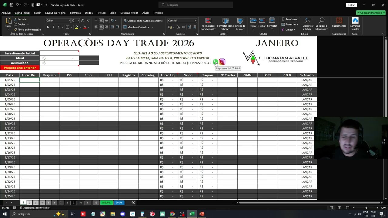 PLANILHA DAY TRADE 2026 I Jhonatan Alvalle