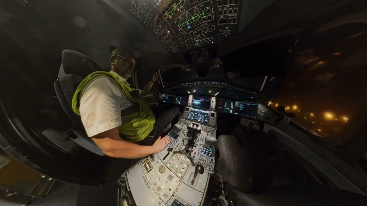Airbus A350 1000, dark aircraft startup and tow to the gate