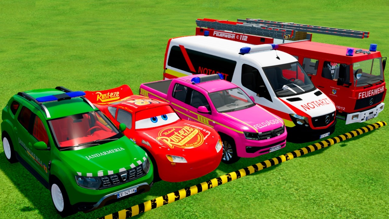 DACIA, MCQUEEN CAR, FORD POLICE CARS, AMBULANCE EMERGENCY TRANSPORTING WITH TRUCKS ! FS22 #73