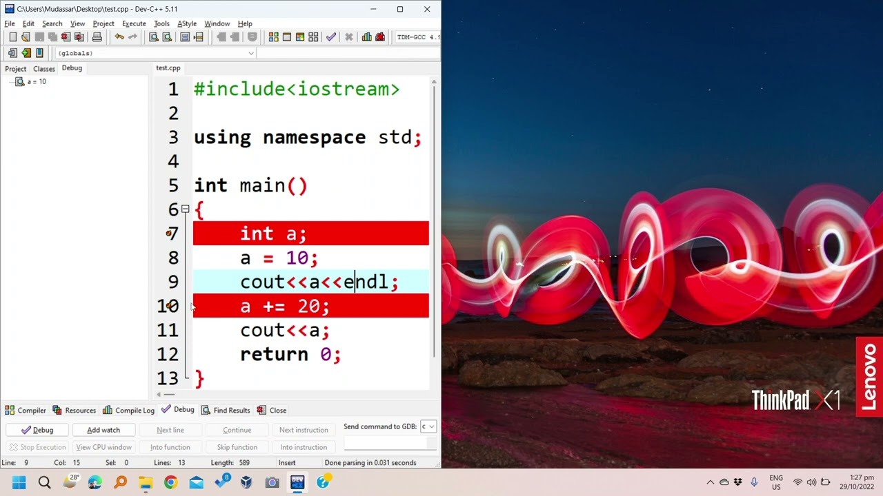 Debugging in C++ using DevC++ IDE