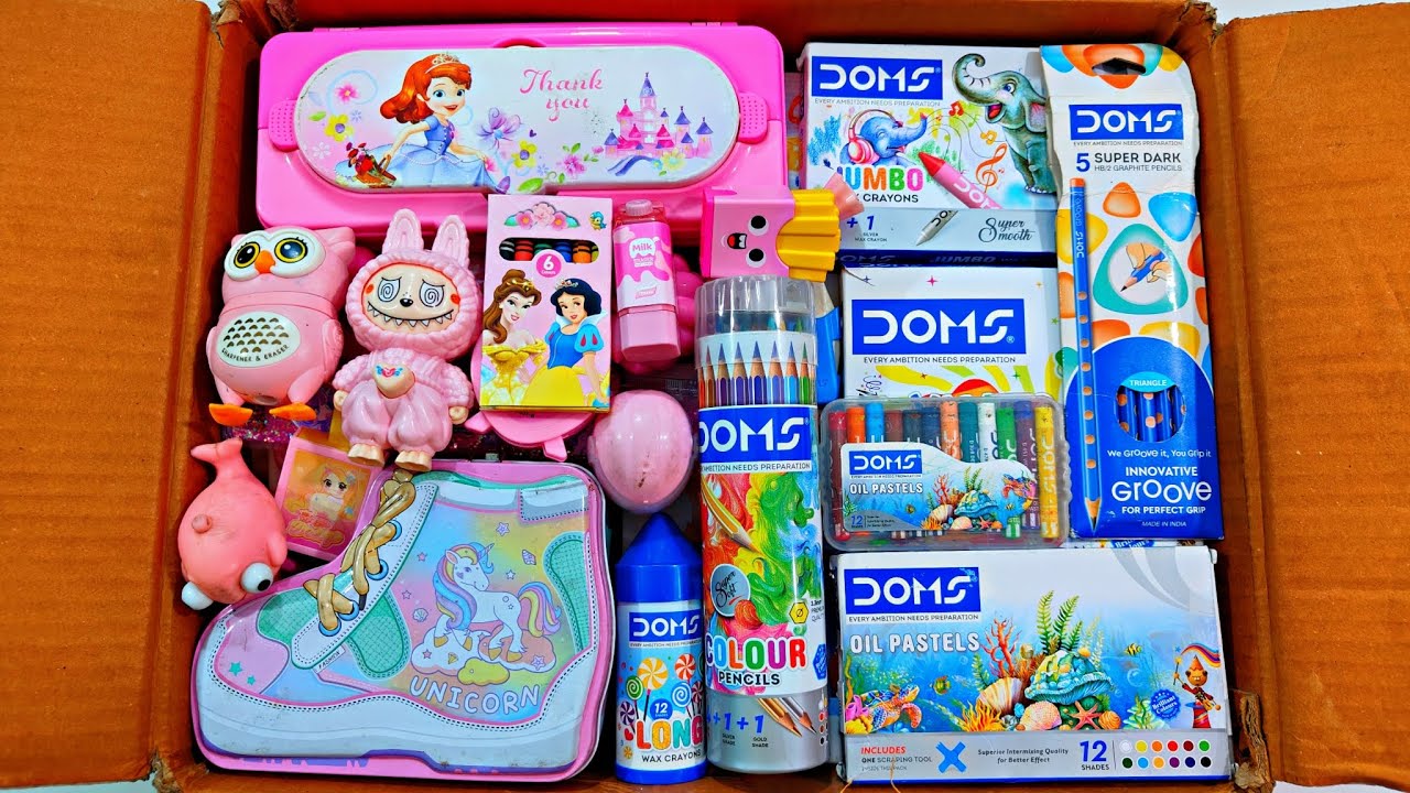 Unboxing Doms Stationery vs Pink Stationery 📚, Pencil box, Oil Pastels, Coin bank, Magic Pen, Eraser
