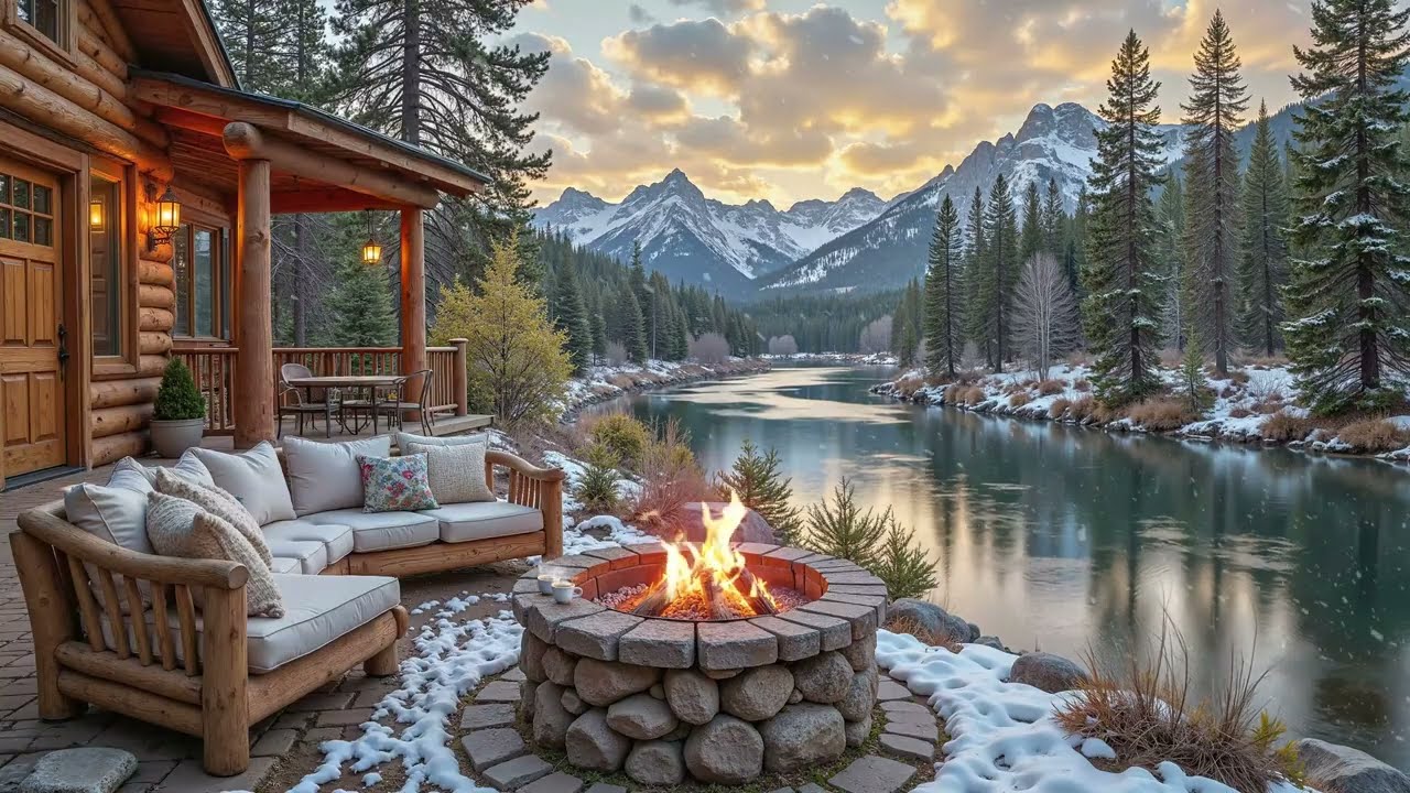 Cozy Riverside Cabin Porch 🌲 Crackling Fire Pit, Flowing River & Soothing Piano Music for Deep Sleep