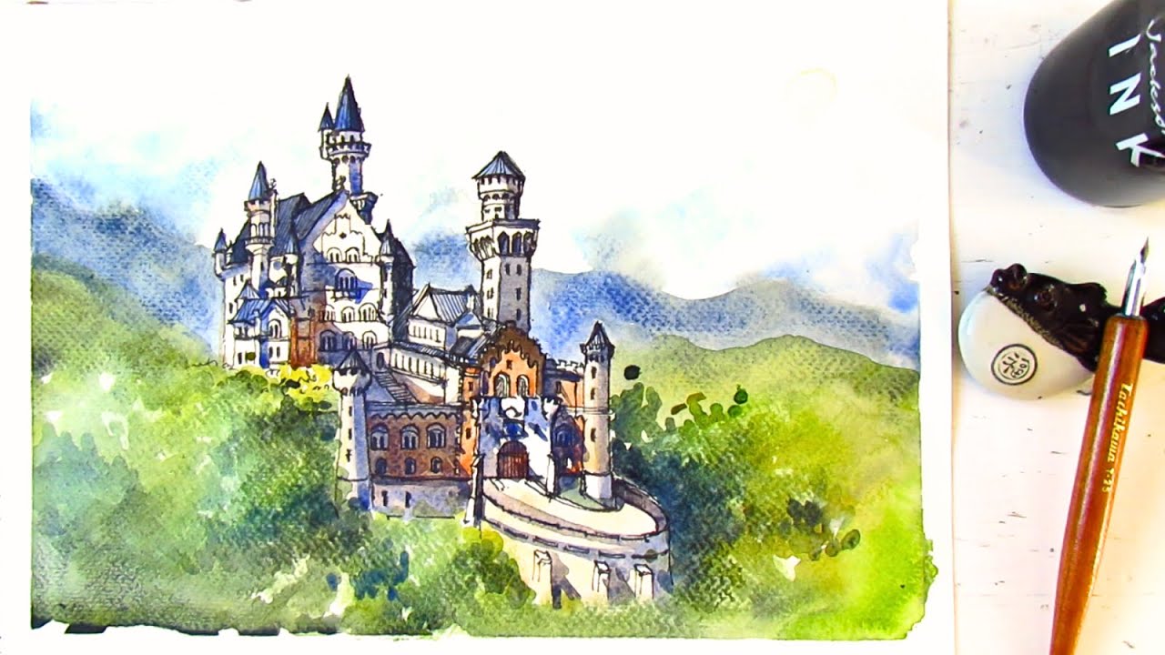 Urban Sketching Neuschwanstein Castle Germany| Ink and Watercolor| Pen and Ink Drawing