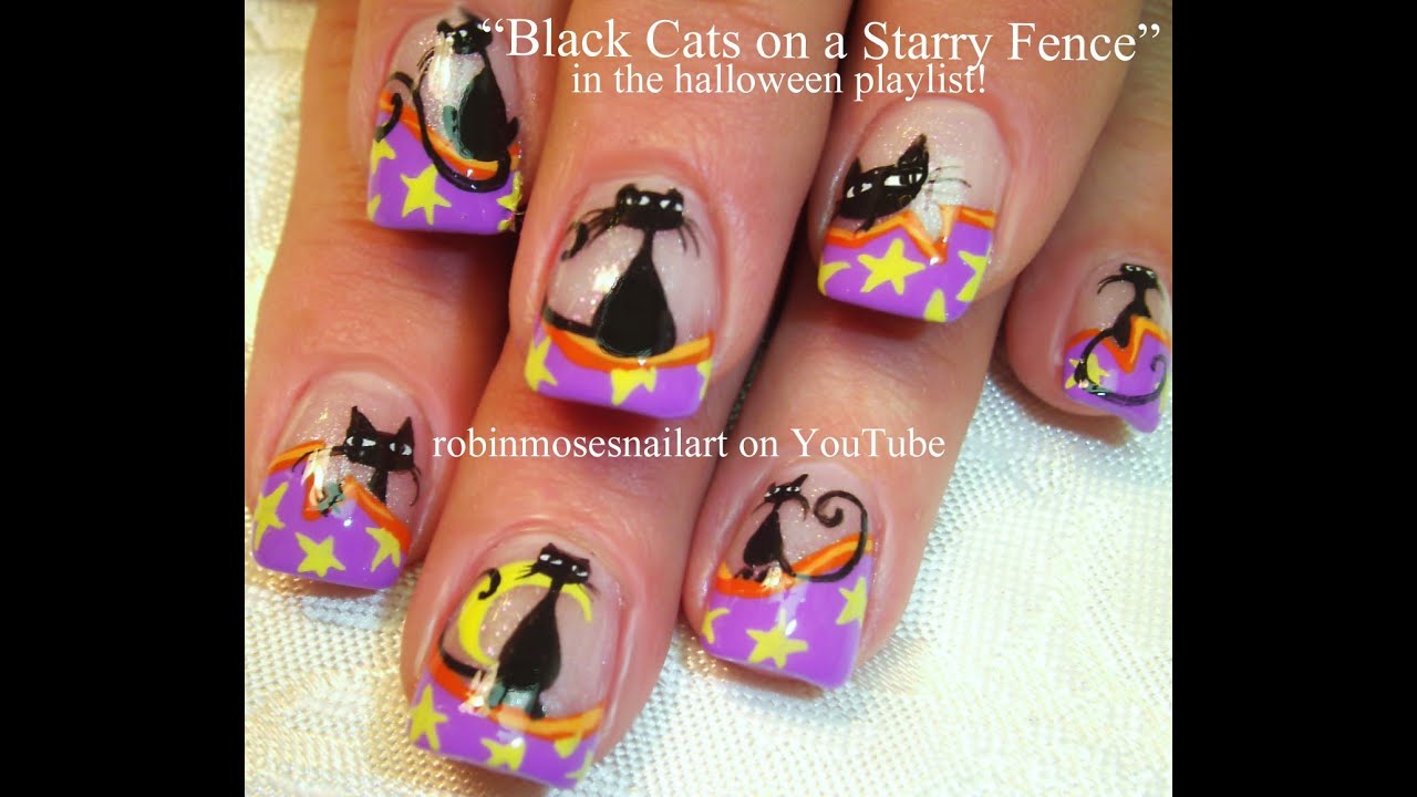 Nail Art Tutorial| DIY Halloween Nails | Black Cats and Stars