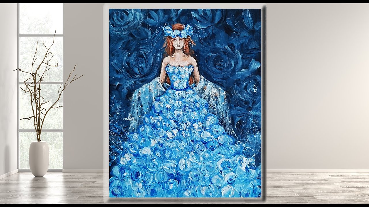 Lady In A Blue Dress / Step by step acrylic painting for Beginners /MariArtHome