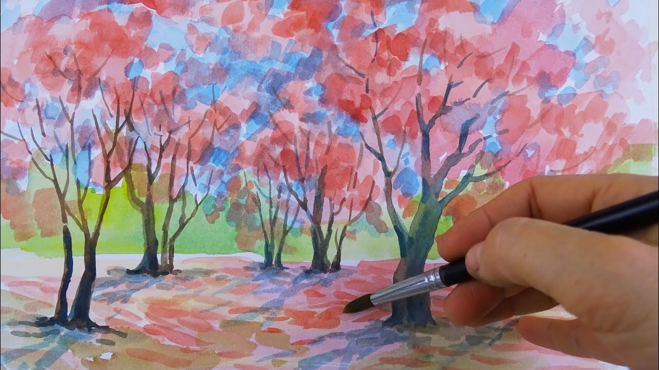 #PRIMAVERA #rosa ad #ACQUERELLO , come #dipingere #alberi #tutorial #pittura #paesaggio