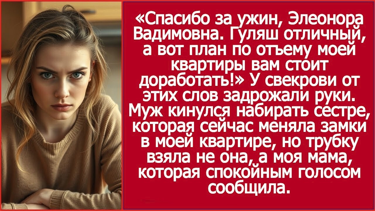Спасибо за ужин, свекровь  Гуляш отличный, а вот план по отъему моей квартиры вам стоит доработать!