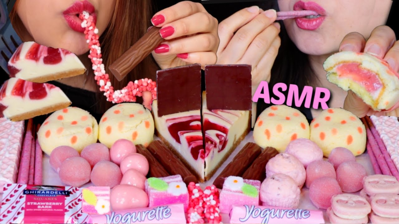 ASMR STRAWBERRY CHEESECAKE, WAGASHI JELLY CANDY, MOCHI, CHOCOLATE, NERDS ROPE, CAKE, POCKY, WAFER 먹방