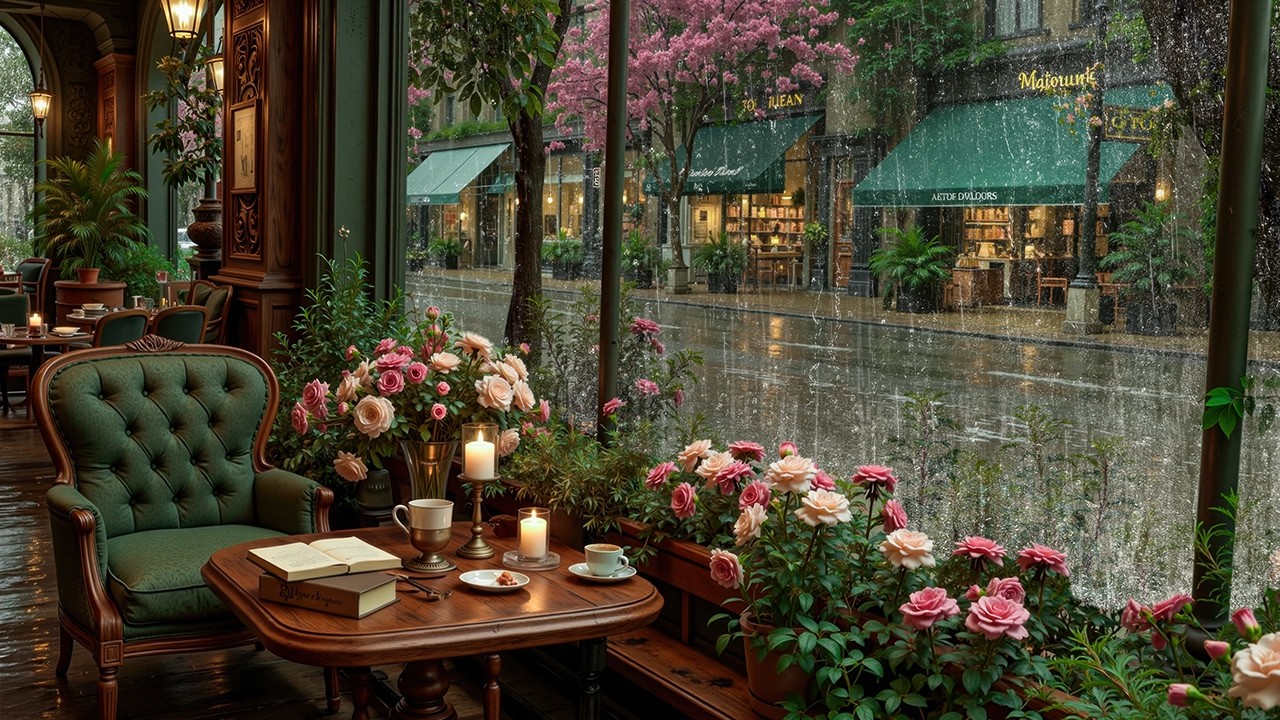 Cozy Window Seat Jazz in the Rain - Spring Café Ambience with Piano Jazz for Work & Calm Mood