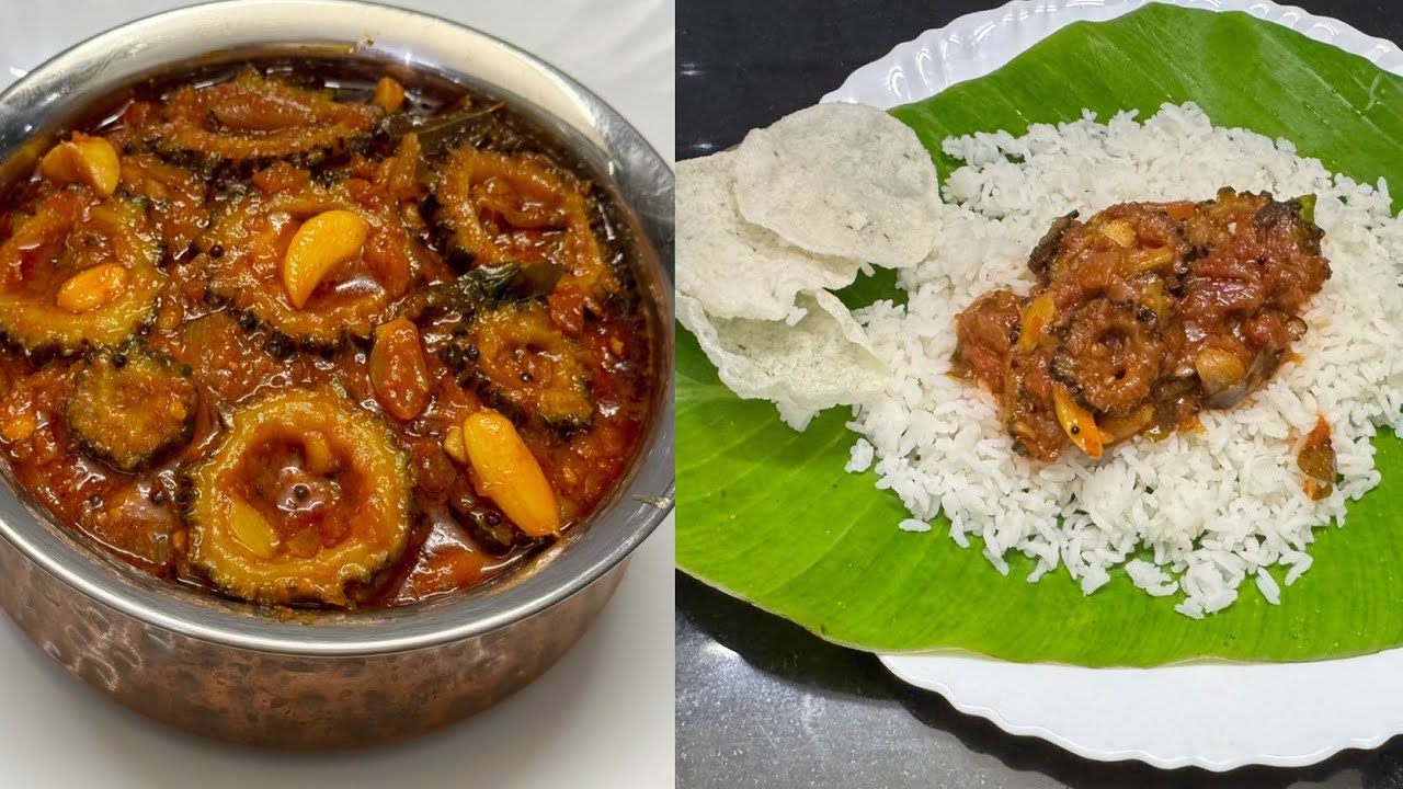 கசப்பில்லா பாகற்க்காய்குழம்பு/pavakkai kulambu/pavakka puli kulambu /Bittergourd recipes in Tamil