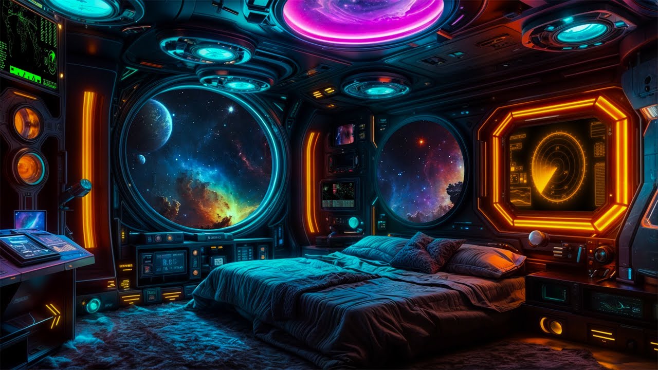 Deep Sleep in a Spaceship Bedroom | Cozy Neon Ambience & White Noise for Fast Energy Recovery