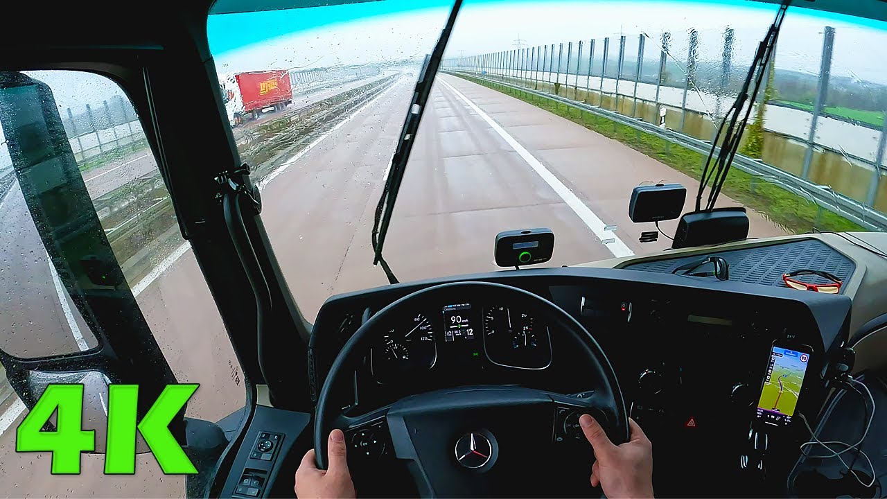 4k POV Truck driving Mercedes Actros in rain to A38 Deutschland