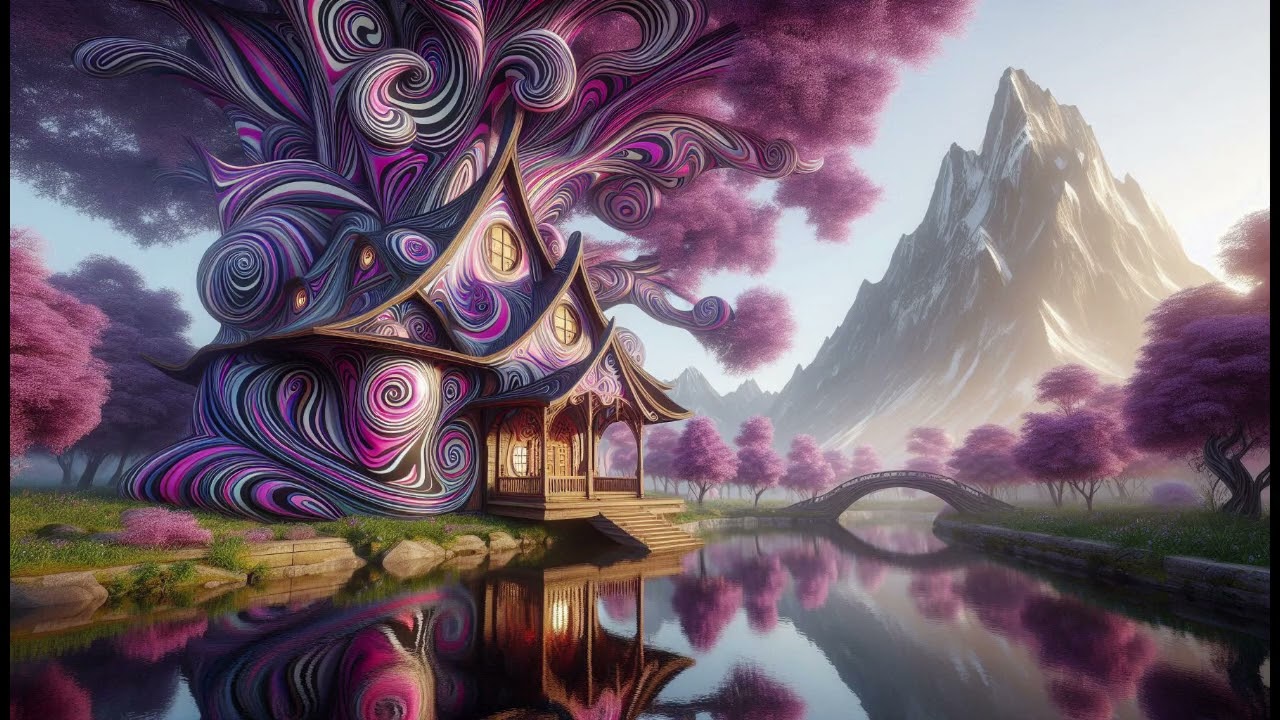 Psychedelic Fractal House on a Lake with a Mountain Wallpaper / Background