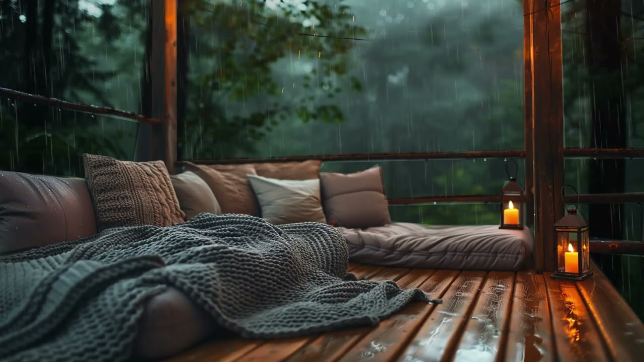 Forest Rain and Candlelight Creating a Cozy Winter Balcony Night for Sleep and Relaxation