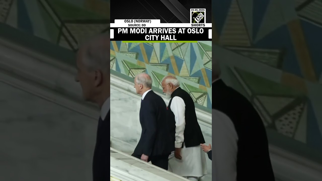 PM Modi welcomed by Norway PM Jonas Gahr St&oslash;re at Oslo City Hall