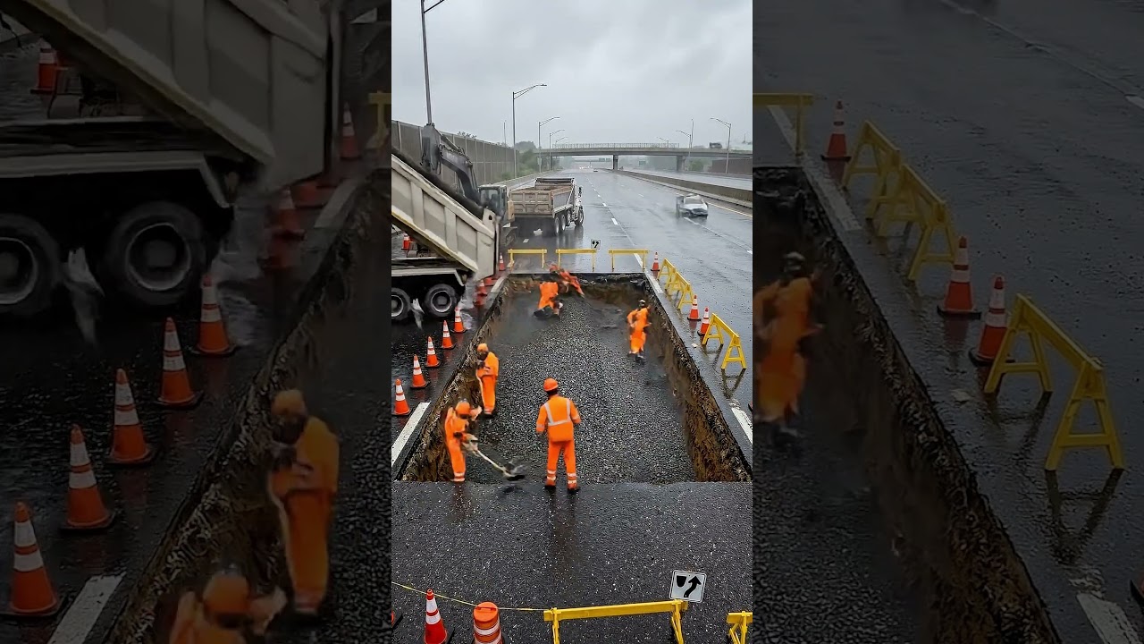 Highway Sinkhole Repaired in Heavy Rain 🌧️