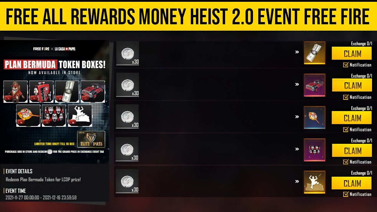 FREE All Rewards Money Heist 2.0 Event Free Fire | Free Rewards Plan Barmuda Event Free Fire