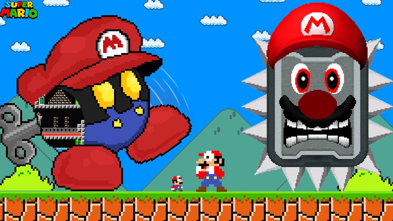 Spooky: Super Mario Bros., but Mario and Tiny Mario vs Bomb Mix Mario, Thwomp