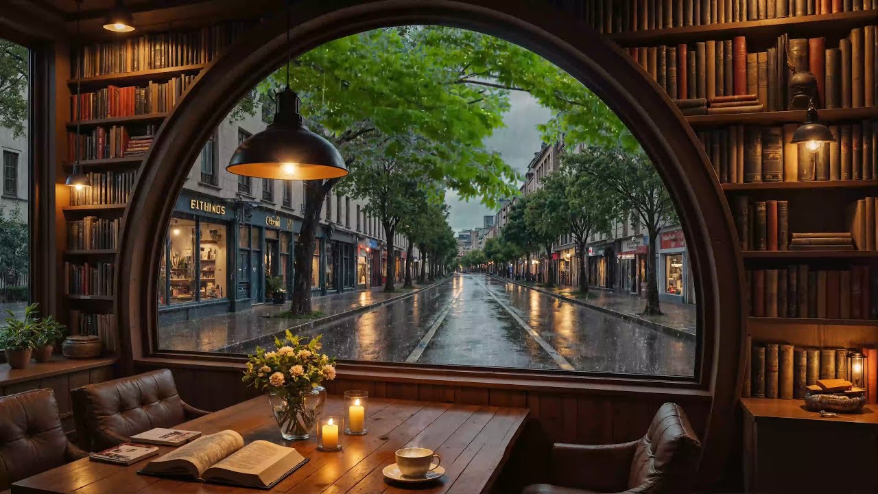 🎶 Rainy Street Jazz ☔ Quiet Book Café Window, Soft City Rain & Calm Reading Ambience