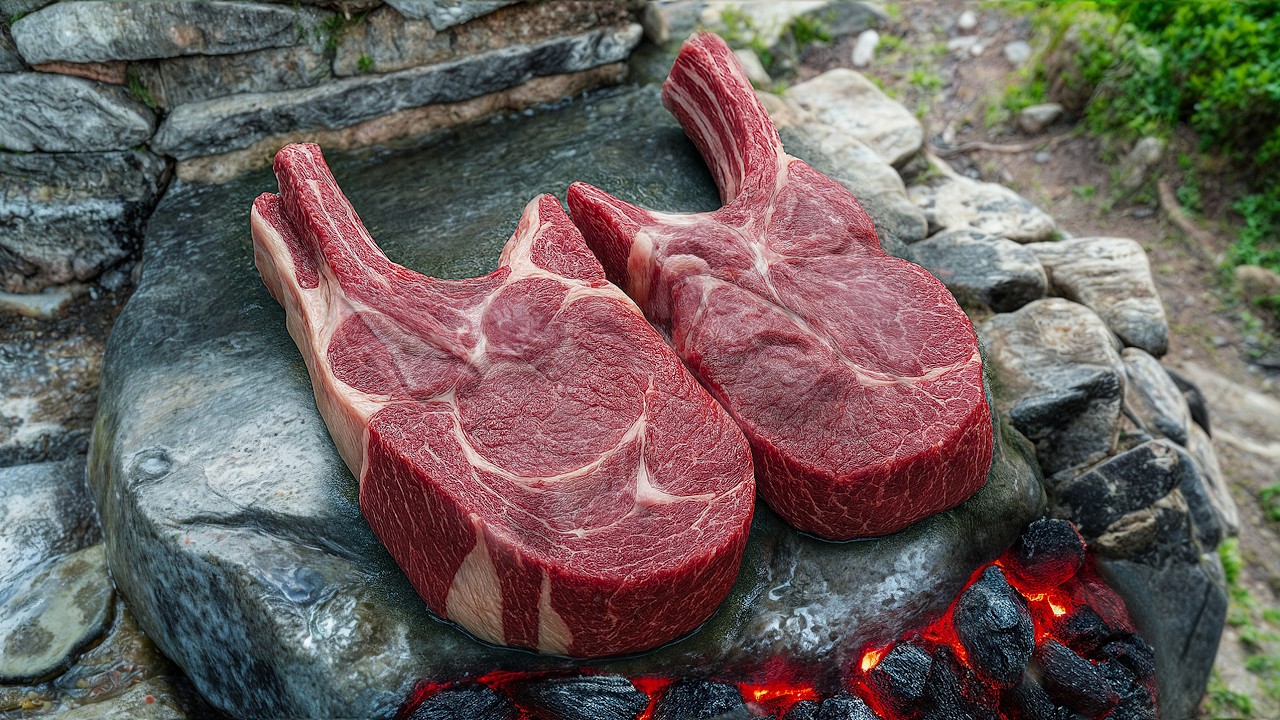 Wilderness Steak Cooking: Grilling Juicy Meat Between Hot Stones