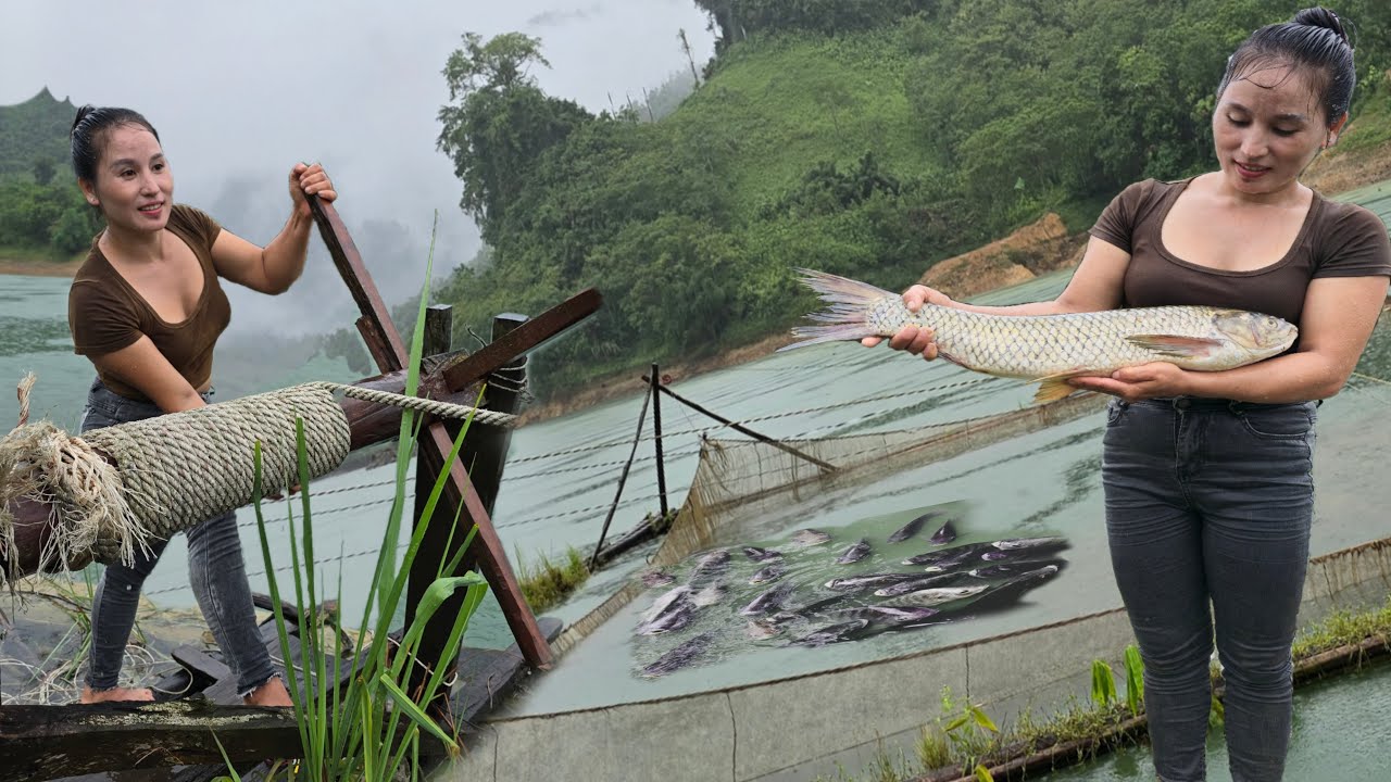 The girl went fishing in the lake,lit the light bulb on the raft and caught a huge fish the next day