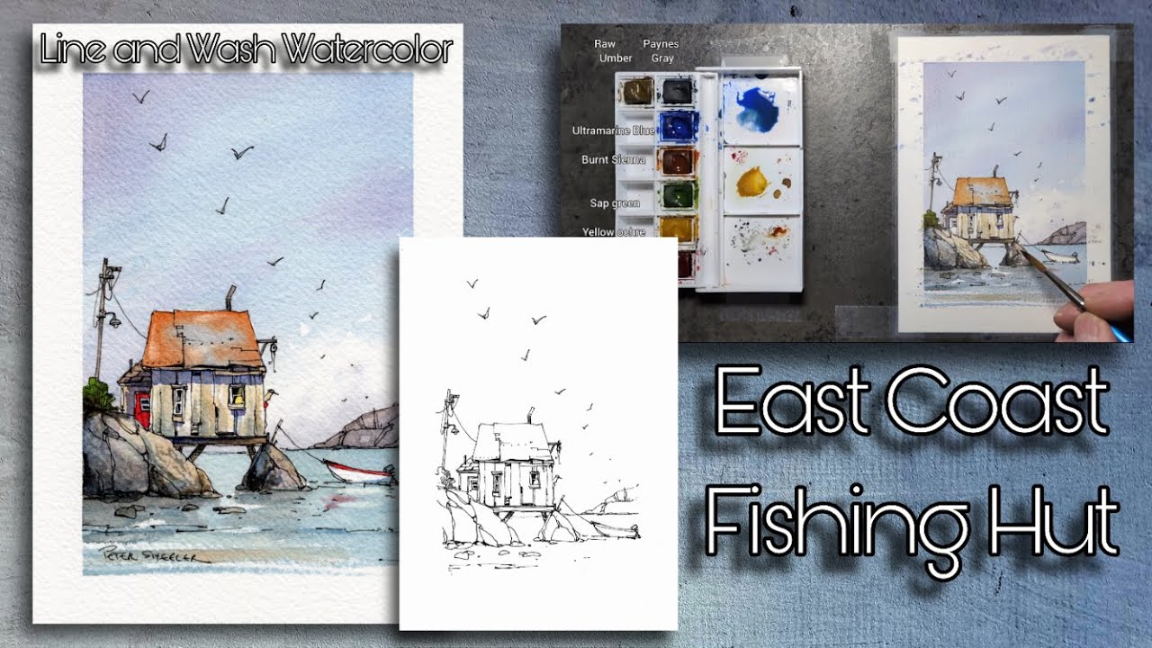 Fun Line and Wash Watercolor of an East Coast Fishing Shanty. Peter Sheeler, sheelerart