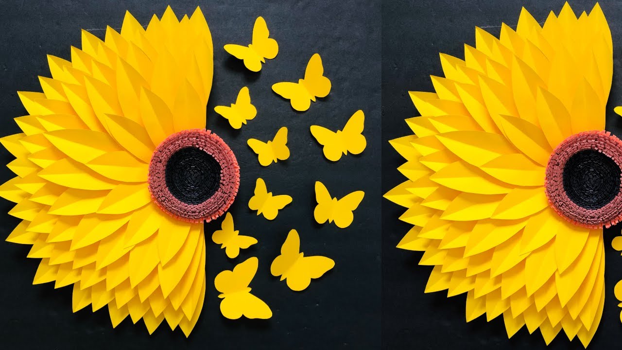 Half Sunflower With Butterflies Making With Paper - Paper Sunflower Wall Hanging -  Wall Decor Ideas