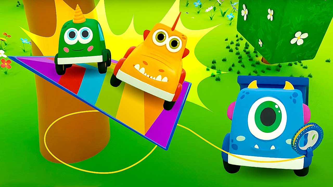 The little monster cars are playing and trying to get the kite from the tree to launch it and fly.