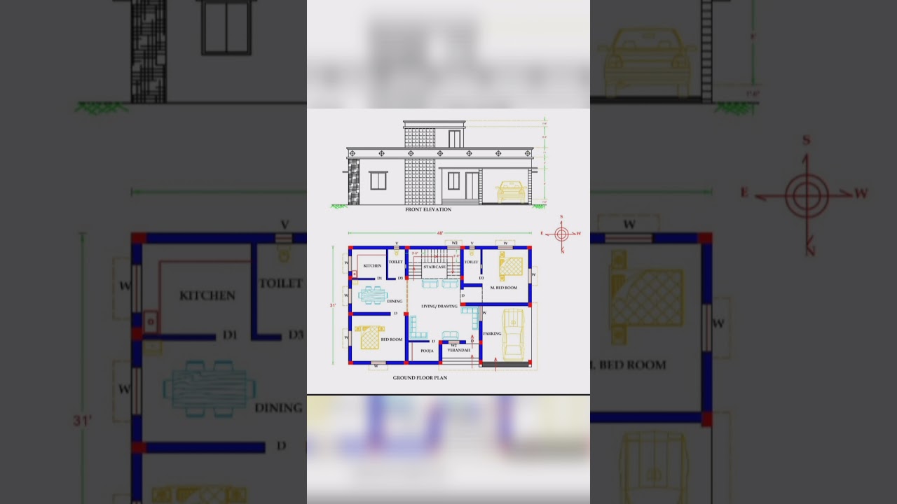 31'&times;48'NoRTH Face HOuse PLAN ||  FLoor pLAn || front ELEVATION DESIGN ||31feetby48feet gharka naksha