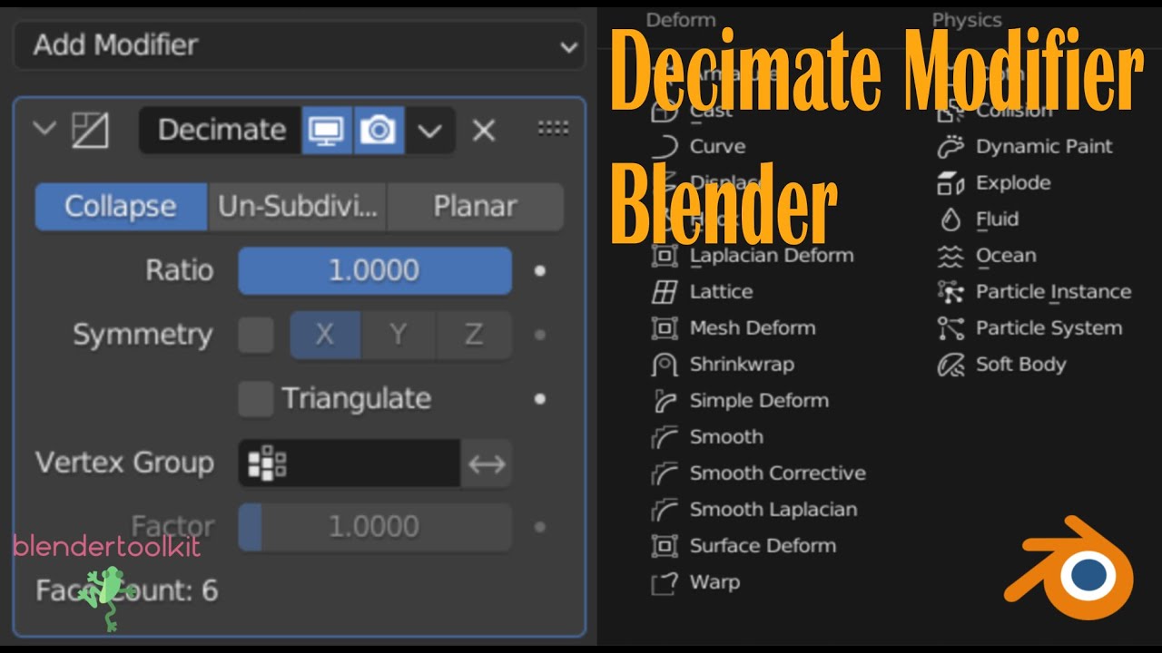 Blender , модификатор Decimate со всеми настройками