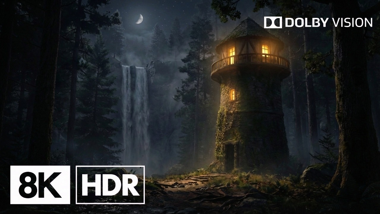 8K Night Forest Tower Ambience 🌙🌲 – 2 Hours of Waterfall Sounds & Peaceful Dark Nature