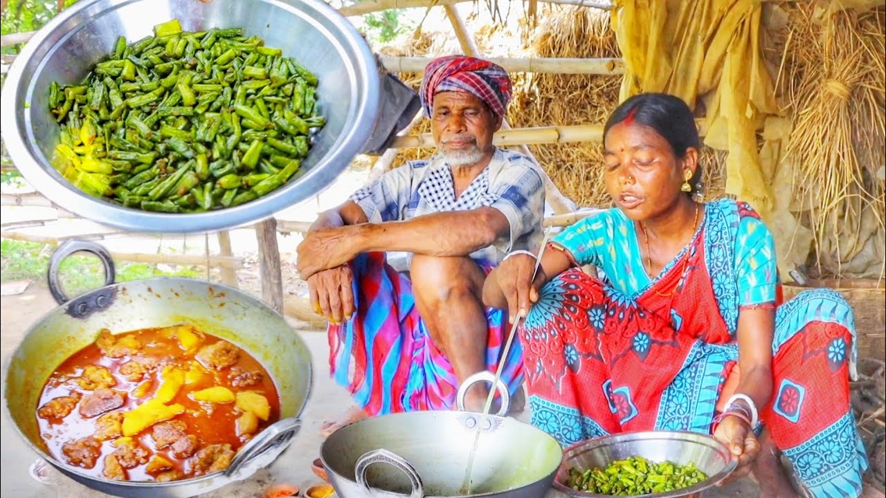 chicken kofta curry & vegetable fry cooking for eating at lunch by santali tribe people