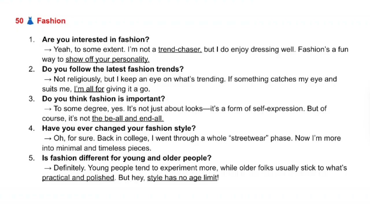 SPEAKING SAMPLE - TOPIC 50 FASHION 