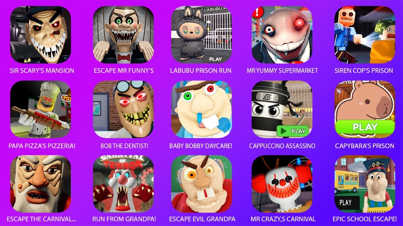 ROBLOX.CAPPUCCINO ASSASSINO PRISON RUN!.EPIC SCHOOL.MR FUNNY'S TOYSHOP!.WILSON'S PRISON.HALLOWEEN.
