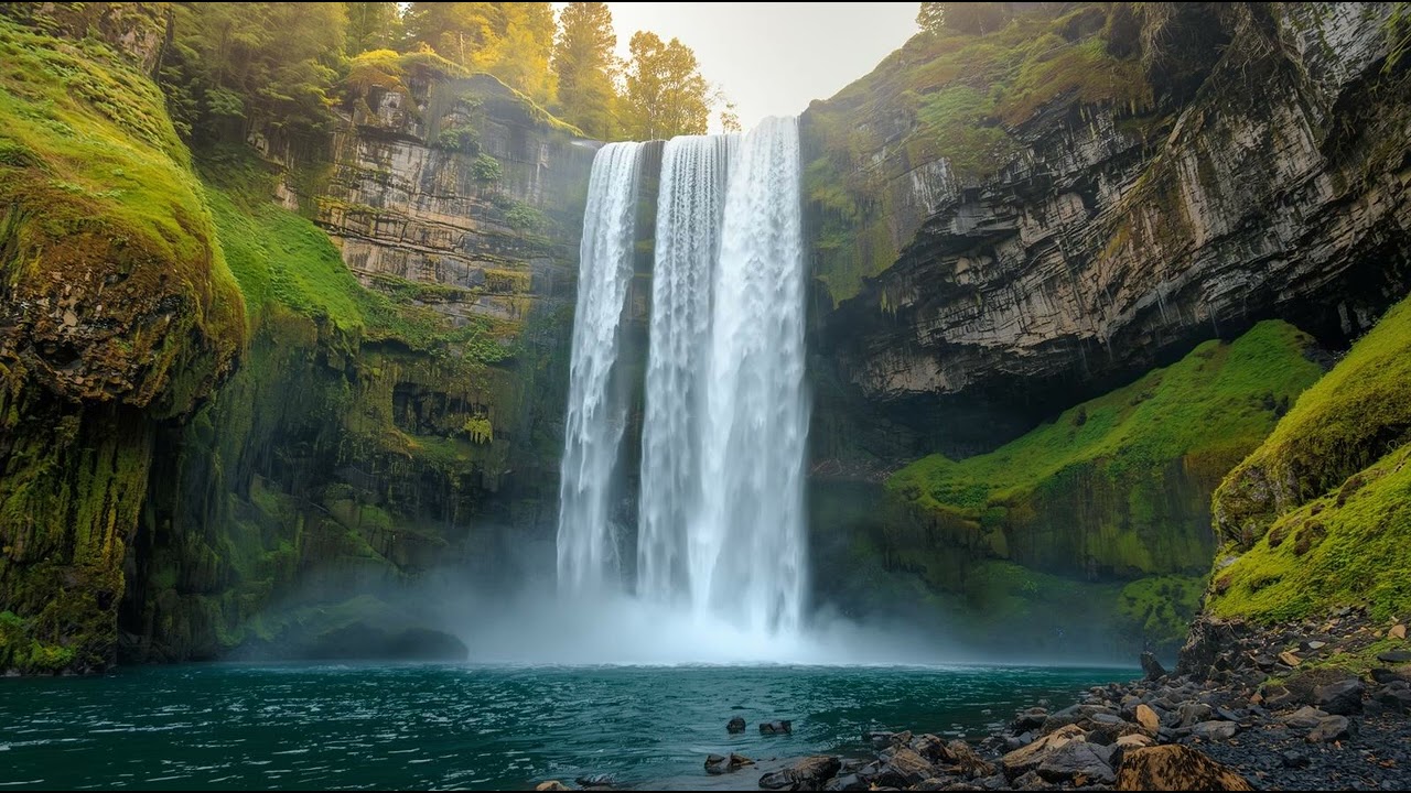 Mountain Waterfall Singing | 1 Hour Ambient Nature Music | Slowroot Grove