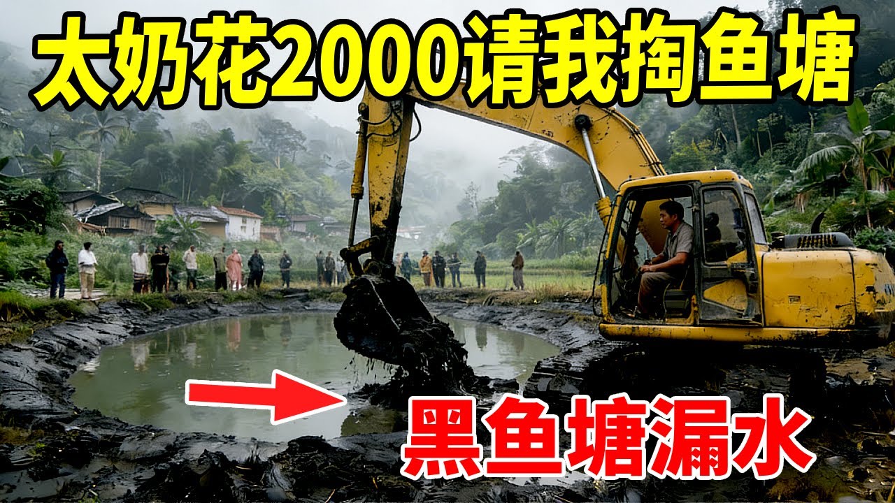 老奶奶花了2000挖的鱼塘漏水，堵漏圣手巧妙施工解决问题，孙女拍手叫绝。#挖鱼塘 #鱼塘堵漏#挖机#