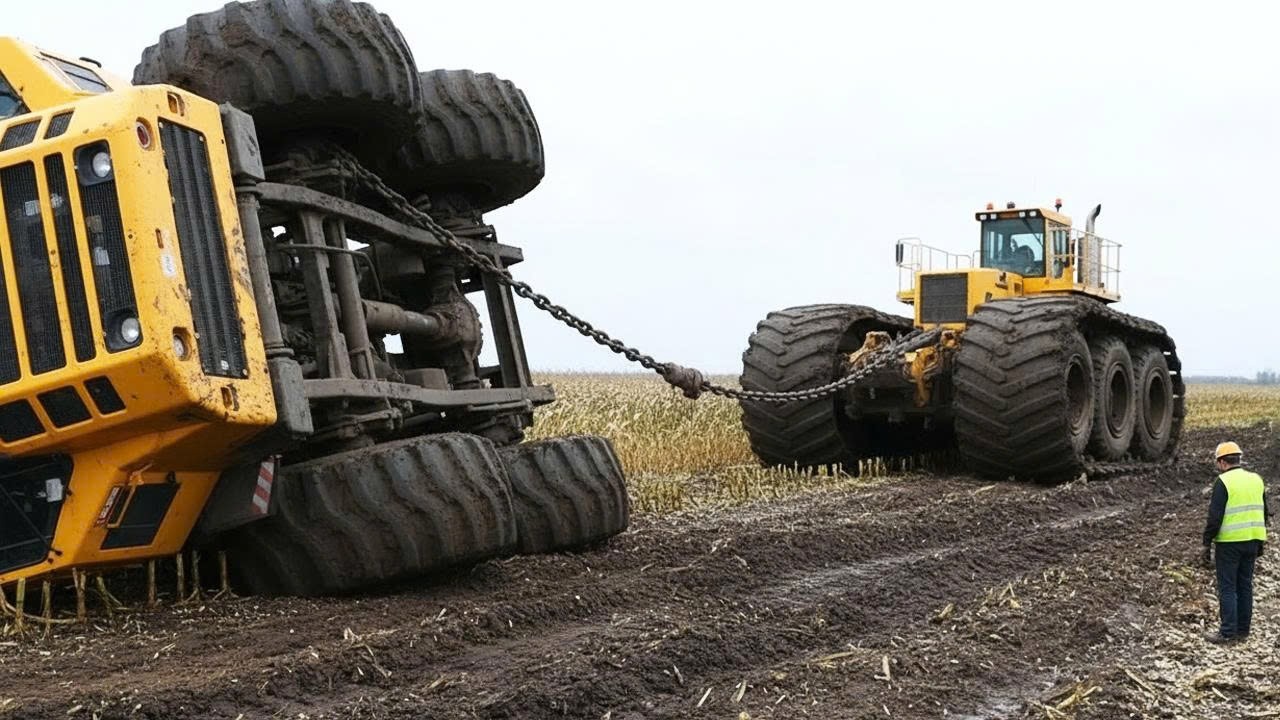 Heavy Truck Stuck After Roll Over, Pulling Power Backfires