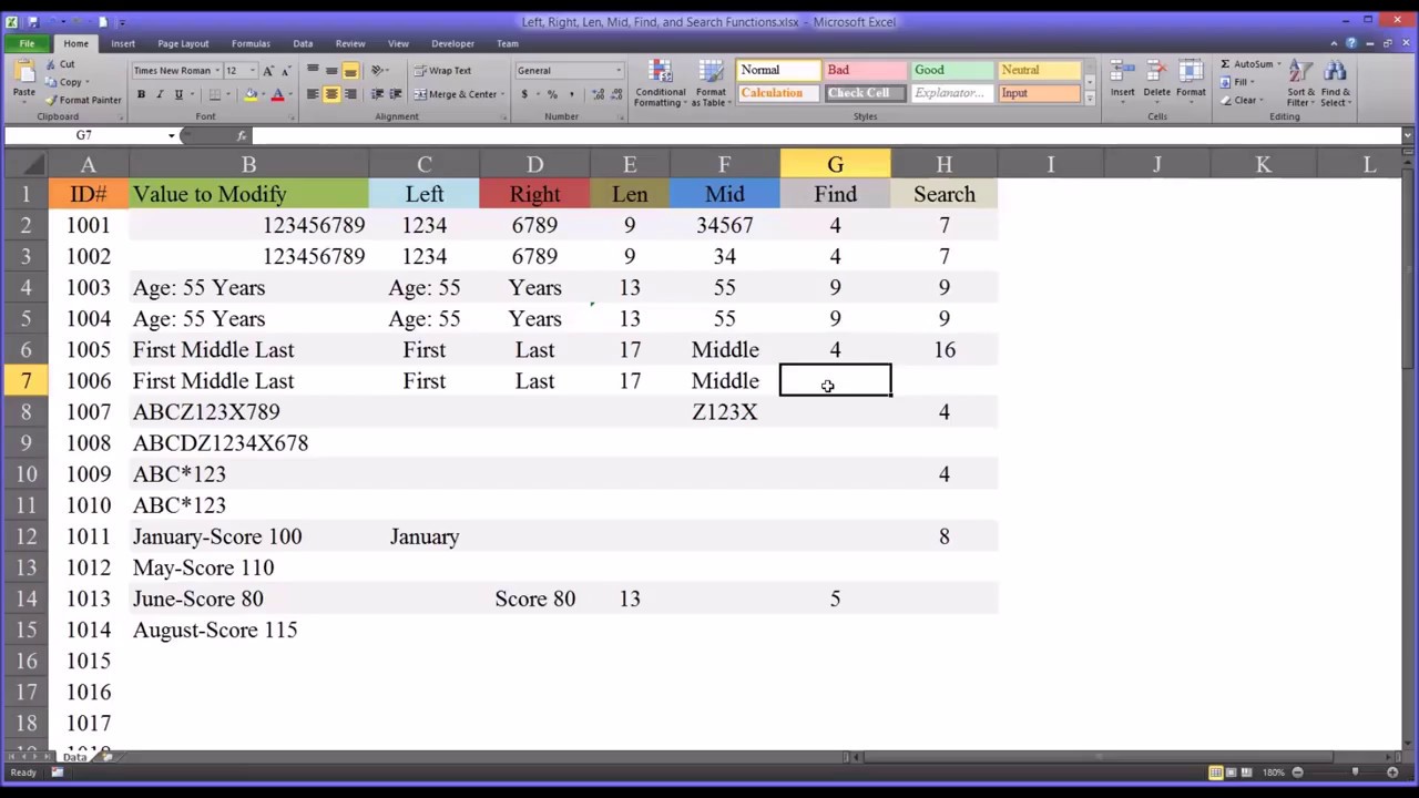Left, Right, Len, Mid, Find, and Search Functions in Excel