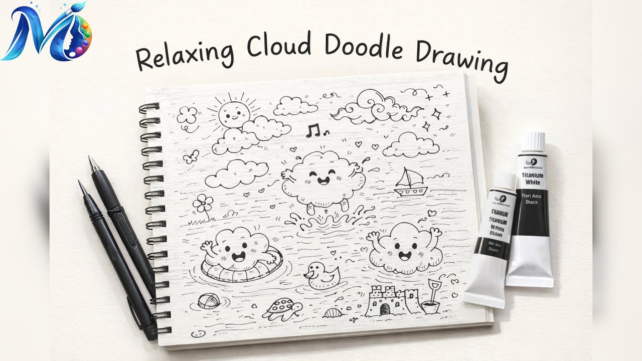Filling my Sketchbook - Calm Cloud Doodle Drawing with Calming Music🌊