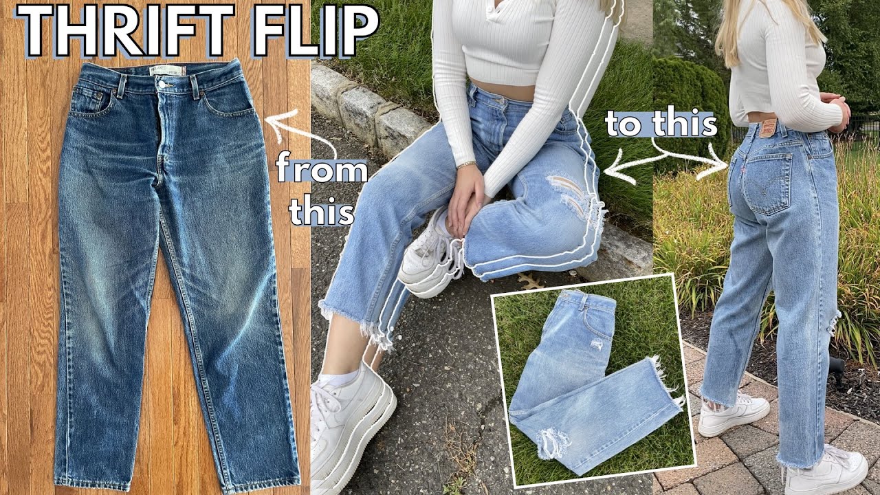 How to Transform Thrifted Jeans (THRIFT FLIP LEVI’S): bleaching denim, distressing, & resizing waist