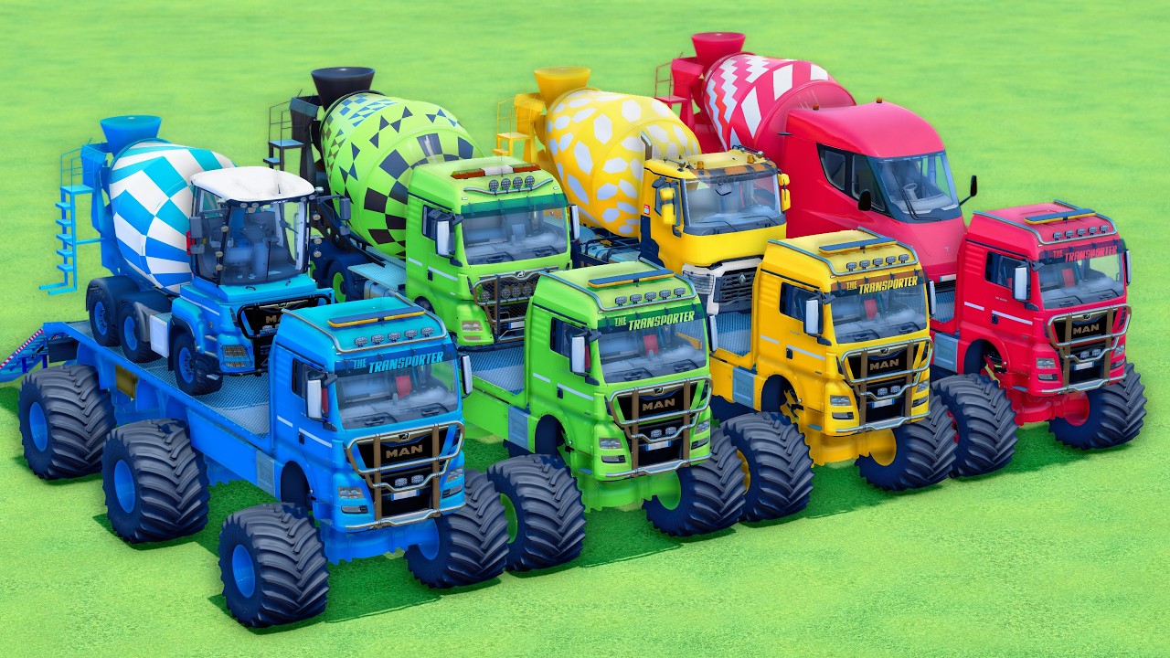MONSTER FLATBED TRUCK LONG CONVOY TRANSPORT OF COLORS! ALL  MIXER TRUCK, RENAULT, MAN, VOLVO - FS25