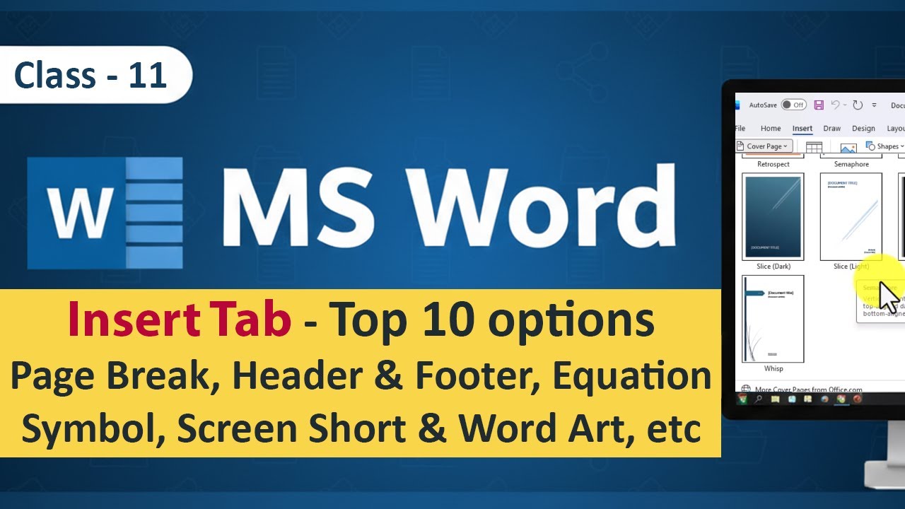 #11 Insert Tab top 10 Options | Header & Footer | Math's Equation | Word With Achievers