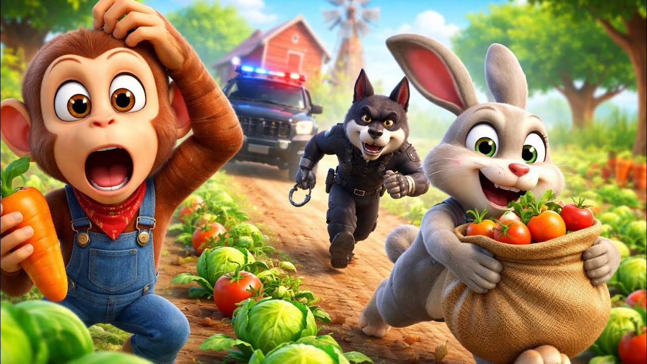 Monkey Adventure on the Farm! 🐒🌾 Police Wolf Hunts the Vegetable Thief 🚔