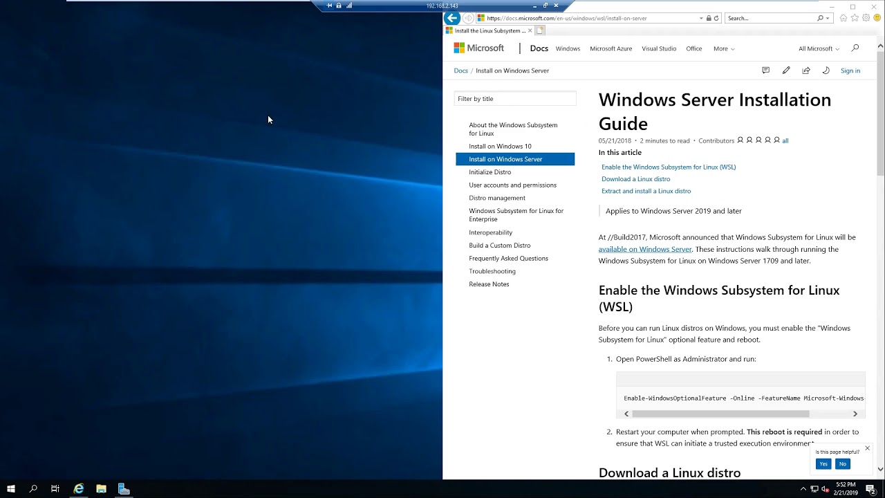 Installing and Enabling Linux Subsystem: Windows Server 2019